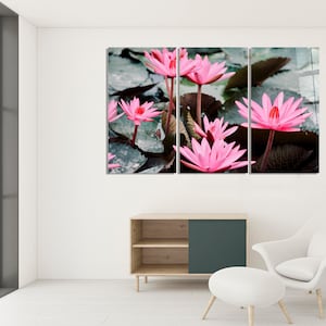 Pink Lotus Flower, Water Lilies Glass Print, 3 Piece Set Wall Art, Nature Landscape Canvas Print, Floral Zen Decor