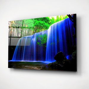 Neon Waterfall Glass Wall Art, Technology Wilderness Print, Exotic Digital Landscape, New Home Gift, Bedroom Decor