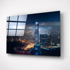 Night Dubai Wall Art, City Skyline Photography, UAE Travel, Glass Modern Bar Decor, Skyscraper District Print On Canvas