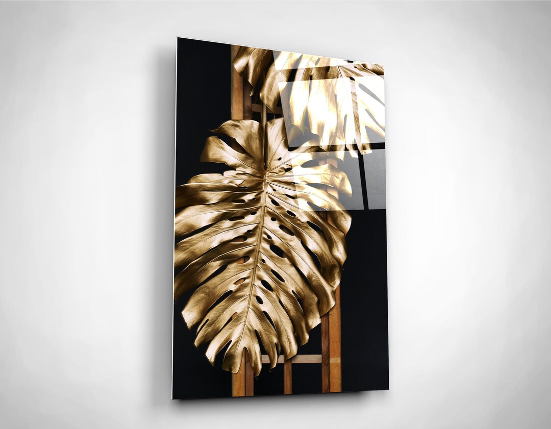Gold Monstera Leaves Wall Art, Exotic Greenery Decor, Tropical Living