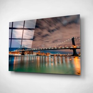 Brooklyn Bridge Print, Glass Wall Art, New York City Skyline Canvas, Night City Lights, Large Home Office Decor