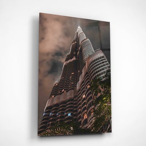 Dubai Burj Khalifa Wall Art, City Skyscraper Painting, UAE Travel Print, World Tallest Tower Photo, Large Glass Decor