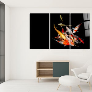 Koi Fish Wall Art, Japanese Glass Painting, Asian Theme Triptych, Oriental Home Decor, Fisherman Lake House Decor Gift