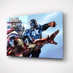 Avengers Painting, Comic Book Wall Art, Iron Man Captain America Thor Print, Glass Marvels Kids Room Decor
