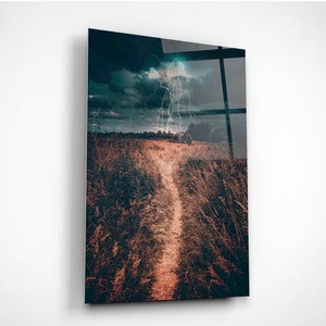 Wild Storm Wall Art, Scenic Stormy Cloudscape, Dark Sky Above The Field Print, Wilderness Painting, Moody Glass Decor