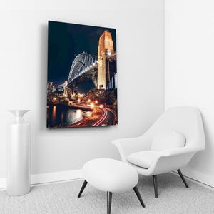 Arte mural de paisaje urbano nocturno de Sídney, impresión del horizonte de una ciudad australiana, vista nocturna del puente de la ciudad, decoración arquitectónica de vidrio para el hogar