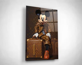 高級ミッキーマウスウォールアート、強化ガラスプリント、ゴールド 