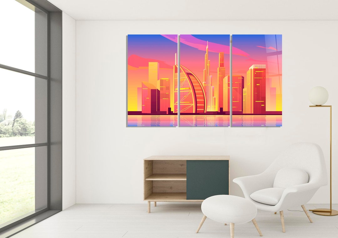 Dubai Skyline Glass Wall Art UAE Business District City at Etsy