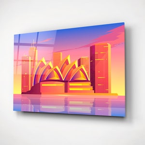 Arte mural de vidrio con el horizonte de Sídney, impresión de viaje a Australia, pintura al atardecer en la ciudad, decoración moderna y colorida para oficinas
