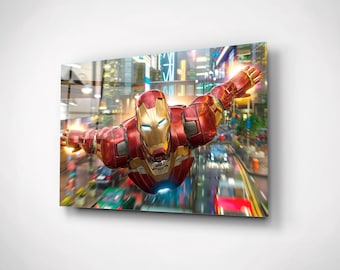 Arte de pared de vidrio templado de Iron Man volador, decoración de la sala de juegos de Los Vengadores