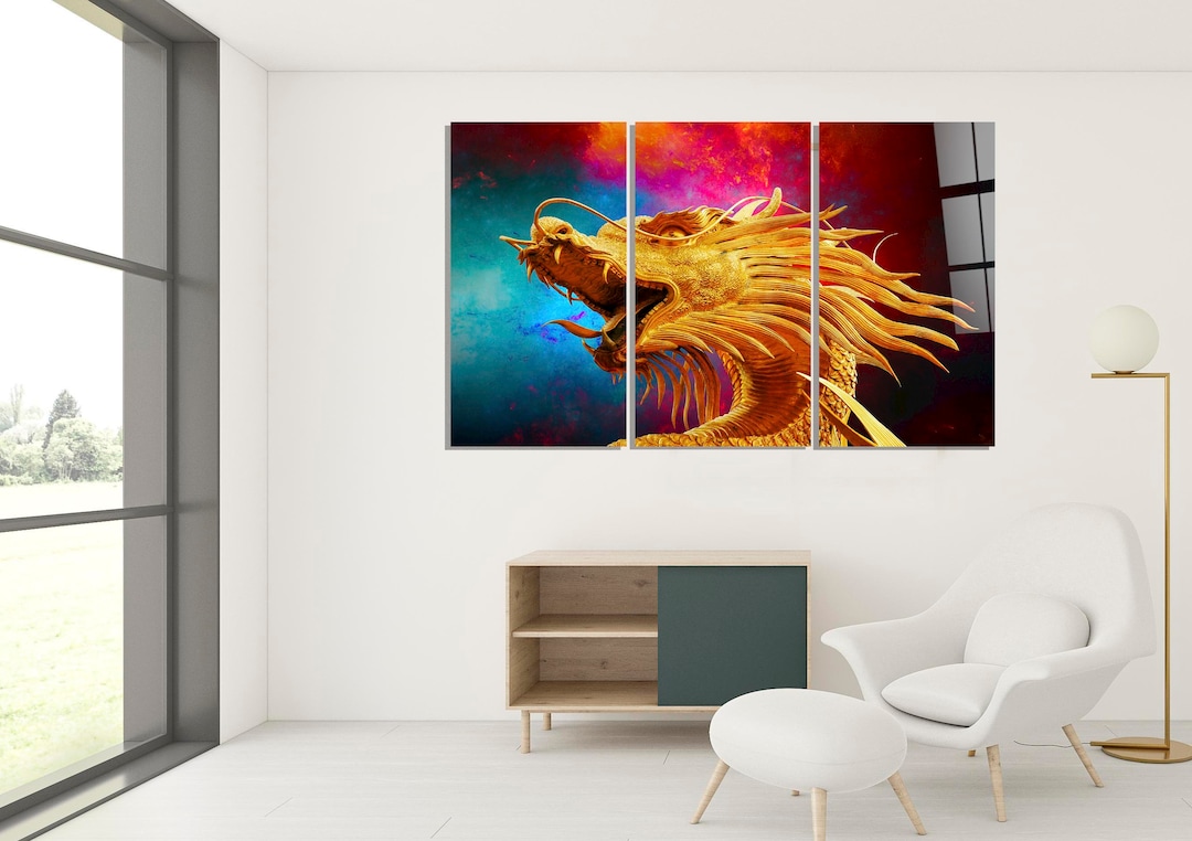 Chinese Dragon Wall Art Gold Statue Painting China Mythology Etsy