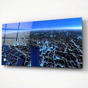 Night City Skyline Panorama, Panoramic Cityscape View, Canvas Glass Print Wall Art, Modern Home Office Decor, Art Gift