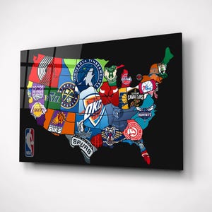 Basketball Mannschaften Kunst - Neue Version, Weltkarte Druck, Premium Basketball Spieler Geschenk, Sport Wandkunst, moderne Glas Jungen Zimmerdekoration