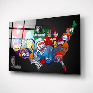 Art des équipes de basket-ball, impression de carte du monde, cadeau de joueur de basket-ball premium, art mural sport, décoration de chambre moderne en verre pour garçons