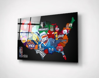 Baskeball Teams Art, World Map Print, Premium Basketball Player Gift, Sports Wall Art, Modern Glass Boys Room Decor