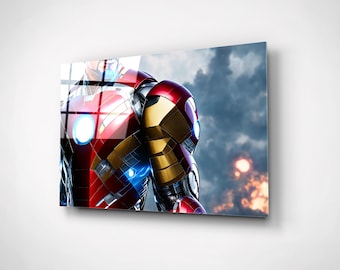 Arte de pared de vidrio con traje de Iron Man, decoración de superhéroes de los Vengadores