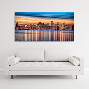City Skyline Panorama Wall Art, Night Cityscape Lights, Urban Landscape Painting Glass Print, Panoramic Apartment Decor