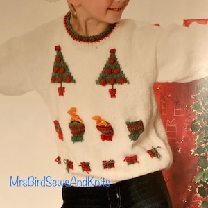 Christmas Tree jumper, pullover to knit in DOUBLE KNIT yarn. Sizes 24-34 inches. Christmas jumper day. Instant download knitting pattern.