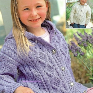 Aran Knit Hooded or collared Jacket Pattern for Girls (Sizes 22-32”) (PDF Pattern)