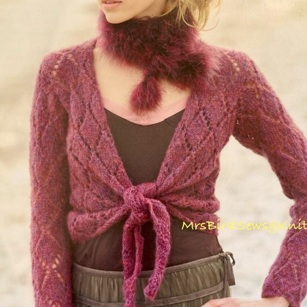 Ladies & Child’s tie front cardigan to knit in sizes 24-42 inch. Mohair. PDF download knitting pattern to print.