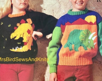 Dinosaurs Double Knit sweaters in sizes 24-34inch. Stegosaurus Triceratops Vintage PDF download knitting pattern