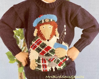 The Wombles sweater knitting pattern for  child jumper sweater to fit ages 5-12yrs. Cairngorm MacWomble. Double Knit yarn. PDF download.