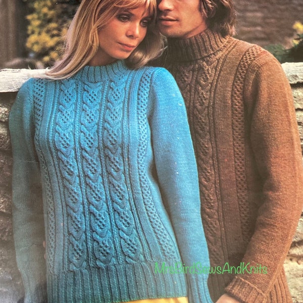 Classic style jumper sweater to knit in DK yarn. Sizes 34-44 inches. Polo/roll/turtle neck. Unisex. Vintage PDF download knitting pattern.