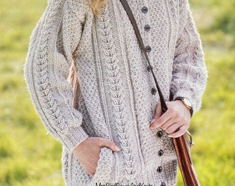 Chunky cable knitting pattern jacket cardigan with pockets sizes 30-40 inch. PDF download knitting pattern to print