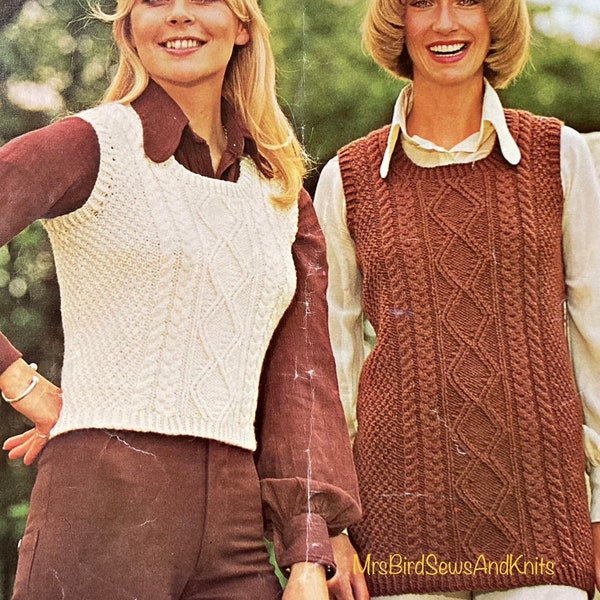 Ladies Aran tank top and tunic Vintage PDF download knitting pattern. 1970s cable knit