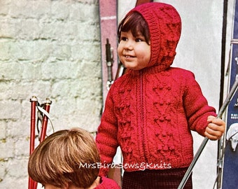 Child’s Aran hooded jacket to knit in sizes 22-30 inches. Zip front. Instant Download knitting pattern.