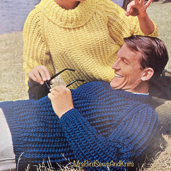 Fisherman's Rib chunky sweater in adult sizes.  Two neck styles. Easy knit. Vintage Instant downloadable knitting pattern.