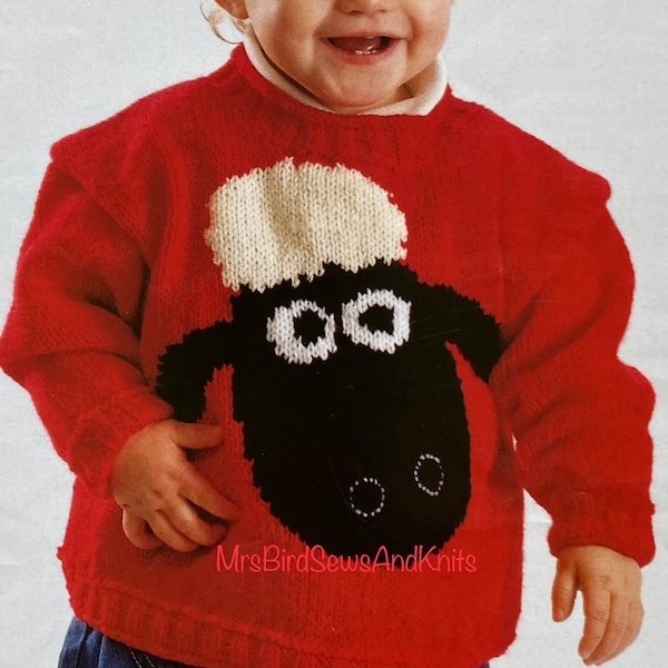 Shaun das Schaf Doppelgestrickter Kinderpullover Pullover 50-60 cm. Wallace & Gromit. Intarsie. Sofort Download Strickanleitung zum Ausdrucken.