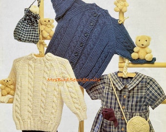 Chunky classic style knitting pattern for child sweater jumper cardigan in sizes 16-24 inch approx. 0-5 years. PDF Instant download.