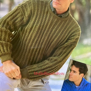 Men’s cable knit sweater with or without collar in double knit yarn. Classic style. Vintage PDF downloadable knitting pattern.