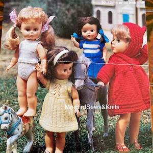 May include: Four dolls wearing knitted clothing. The dolls are standing in a grassy area. One doll is riding a rocking horse. The dolls are wearing a variety of colours, including red, blue, white, and yellow. The text "all in 4 sizes to fit a 10, 12, 14 or 16 inch doll" and "Mrs BirdSews&Knits" are visible in the image.