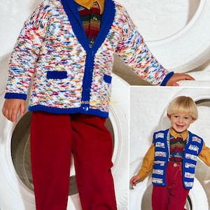 May include: A child's colorful knitted cardigan with a blue trim and matching pockets. The sweater features a speckled pattern of red, blue, and yellow on a white background. The child is also wearing red pants.