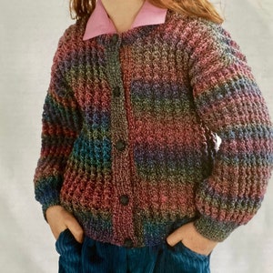 May include: A multi-colored striped cardigan with a button-up front. The cardigan is made of a soft, textured yarn and has a relaxed fit.