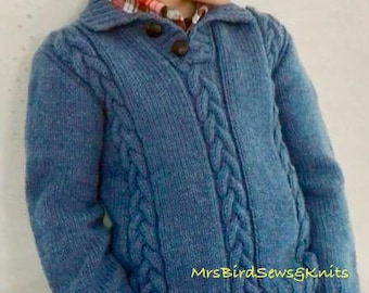 ENGLISH only Aran Knit Child's Sweater Pattern: V-Neck or Button Neck (PDF Download, ENGLISH Only)