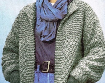 Knitting Pattern for Super Chunky Bulky Edge to Edge Jacket Cardigan with pockets. EASY Knit Moss Stitch 32-44inch. PDF download to print.