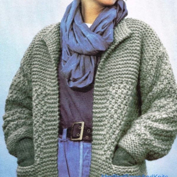 Knitting Pattern for Super Chunky Bulky Edge to Edge Jacket Cardigan with pockets. EASY Knit Moss Stitch 32-44inch. PDF download to print.