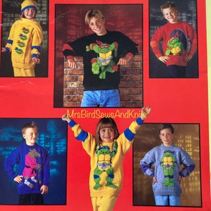 Hero Turtles knitting book for sweaters, hat & scarf. Knit in Double Knit yarn for Sizes 26-40 inch. Instant download in ENGLISH
