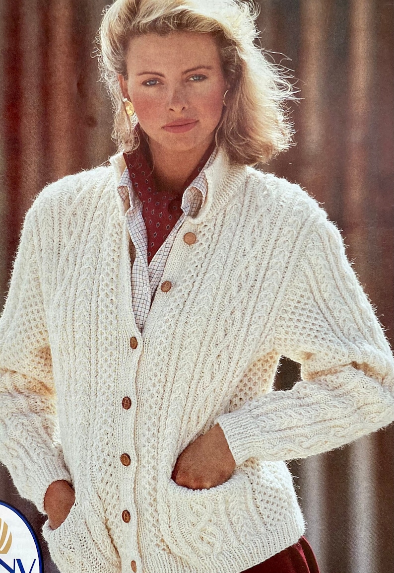 Ladies Aran Cardigan With Collar and Pockets. Vintage PDF Download