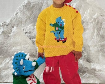 Wzór na sweter z motywem dinozaura w stylu vintage z zabawką (tylko w języku angielskim) (do pobrania w formacie PDF)
