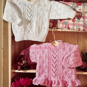 Child sweaters in two styles to knit using double knit yarn. Sizes 16-26 inch.  Instant download knitting pattern