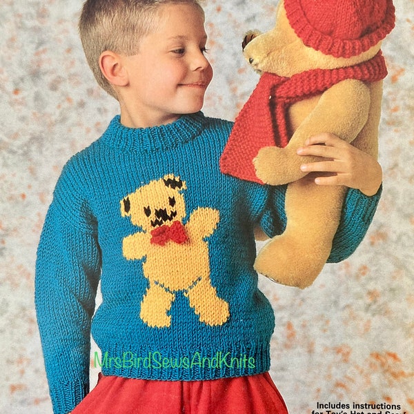 Pull en grosse maille ours en peluche dans les tailles 22-28 pouces. Bonnet et écharpe inclus. Modèle de tricot vintage à télécharger au format PDF