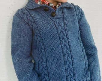 Aran knitting pattern for child sweater jumper in two styles, v neck or button neck. 18-28 inch jumpers. Classic. Instant download to print.