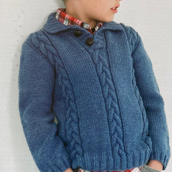 Aran knitting pattern for child sweater jumper in two styles, v neck or button neck. 18-28 inch jumpers. Classic. Instant download to print.