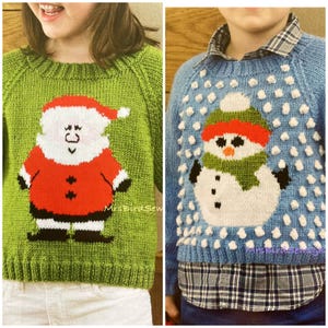 May include: Two knitted Christmas jumpers, one green with a Santa Claus design and the other blue with a snowman design. Both jumpers have a white background for the designs.