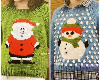 May include: Two knitted Christmas sweaters, one green with a Santa Claus design and the other blue with a snowman design. Both sweaters have a white background for the designs.