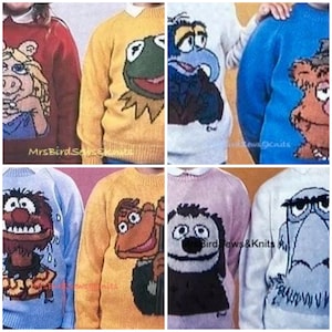 May include: A collection of eight knitted sweaters featuring various Sesame Street characters, including Big Bird, Cookie Monster, Elmo, and Bert and Ernie. The sweaters are in a variety of colors, including blue, red, yellow, and green.